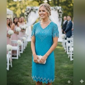 Beaded Midi Lined Dress XL 12-14 Pearl Sharkbite Trim Turquoise Aqua Blue Teal